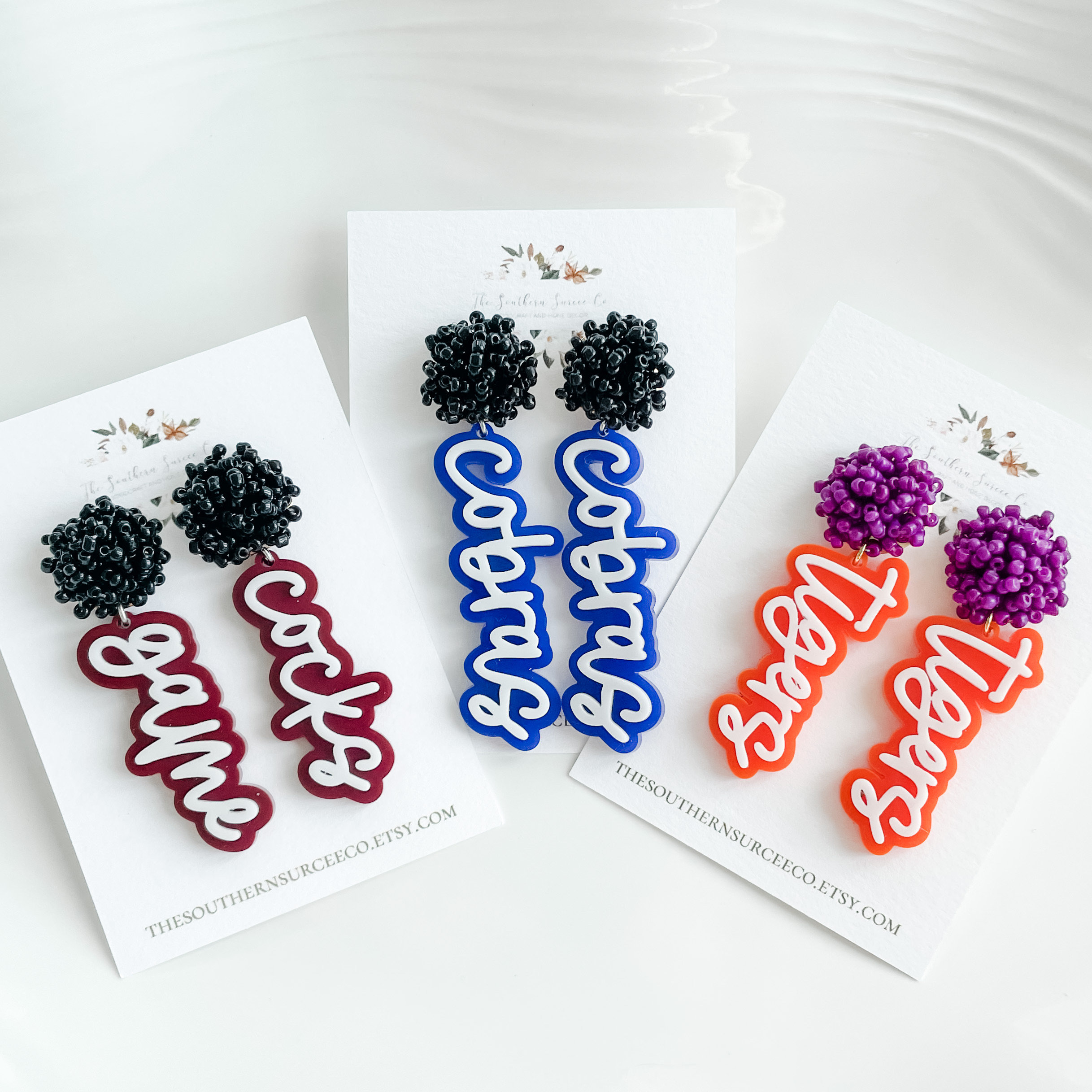 Script Spirit Earrings | Cheer Seed Bead Pom | School Colors | Team Game Day Mix & Match | Custom | High College Sports | Mascot | Player #