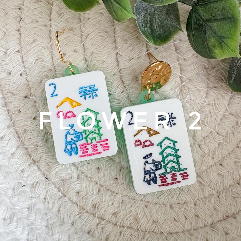 Mahjong Tile Drop Earrings | Preppy Grand Millennial Accessories | Lightweight Jewelry | Multiple Colors Available Dark | Flower 2