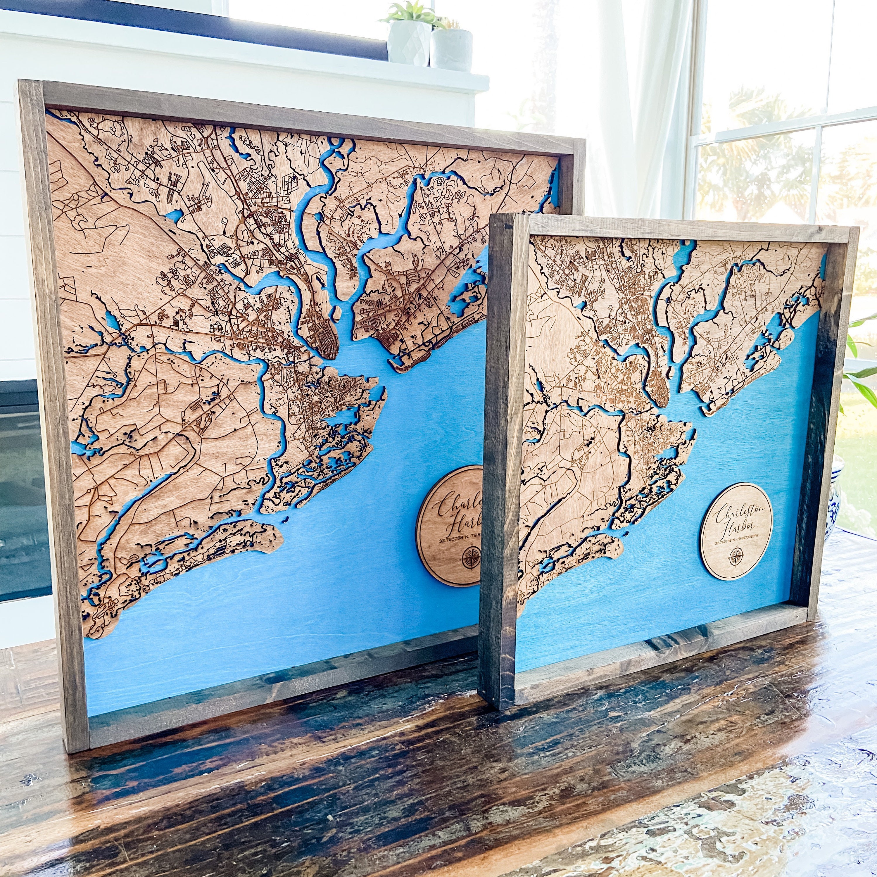 Framed Wood Map | Laser-engraved Map | St. Helena Island | Fripp