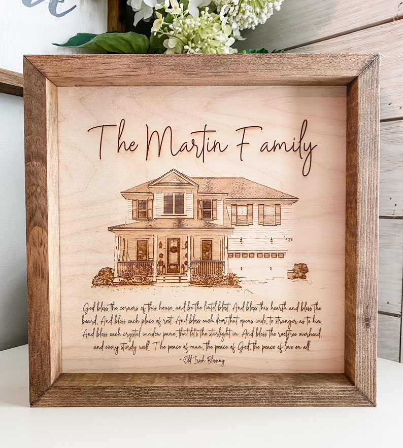 Engraved House Sketch Wood Photo Engraving Custom Home Etsy