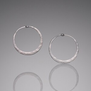 May include: A pair of silver hoop earrings with a hammered texture.