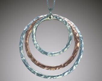 Three Open Circles Necklace • Mixed Metal Hammered Copper & Silver Circles • 3 Ring Necklace