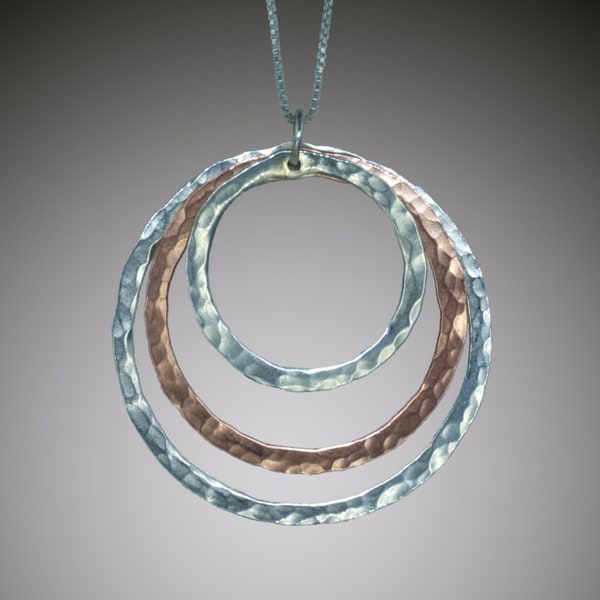 Three Open Circles Necklace • Mixed Metal Hammered Copper & Silver Circles • 3 Ring Necklace