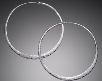 Giant 3 inch Silver Hoop Earrings • Huge Sterling Silver Hoops • Big Statement Hoops • Unique Hammered Silver Hoops
