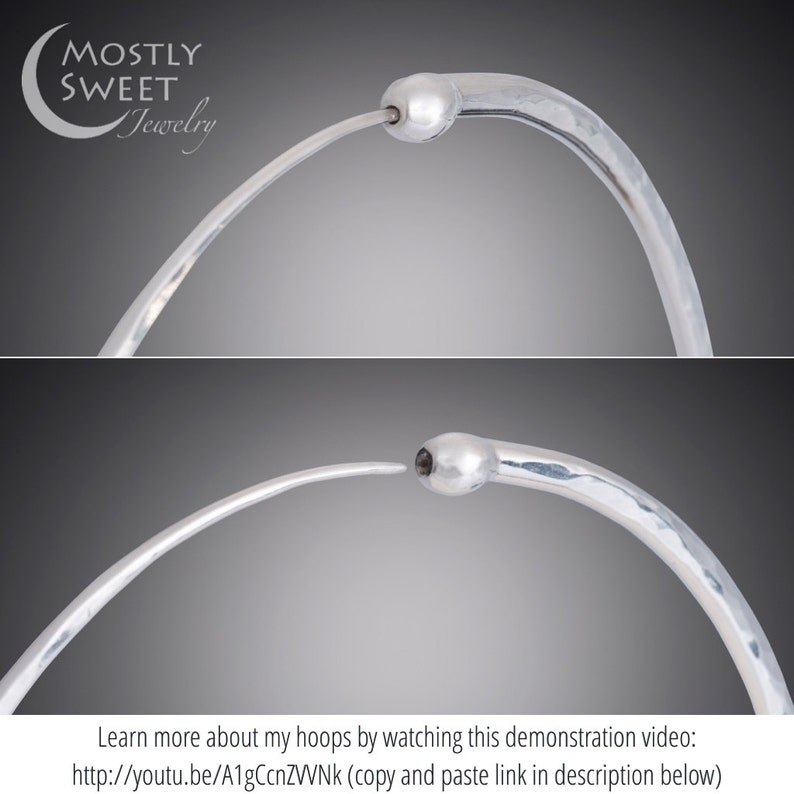 Close-up demonstration of sterling silver hoop earring closure in two stages. Top image shows open clasp with wire ready to insert into hollow tube end. Bottom image shows closed clasp with wire inserted for secure fit. Mostly Sweet Jewelry logo in upper left corner. Text at bottom promotes instructional video with YouTube link. Against neutral gray background showcasing the simple yet secure endless hoop mechanism.