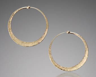 Small 1.25 inch Solid 14k Gold Hoops • Endless Yellow Gold Hoops Earrings • Hammered Gold Everyday Earrings