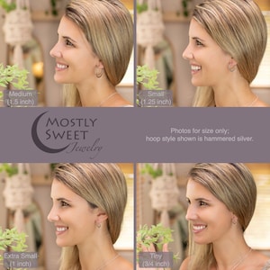 Model wearing different sizes of hoop earrings in profile view, arranged in a grid of four photos. Shows Medium (1.5 inch), Large (1.75 inch), Extra Small (1 inch), and Tiny (.75 inch) sizes. Mostly Sweet Jewelry logo in center with text noting "Photos for scale only; hoop style shown is hammered silver." Demonstrates how each size appears when worn, helping customers visualize proportions against ear for proper size selection.