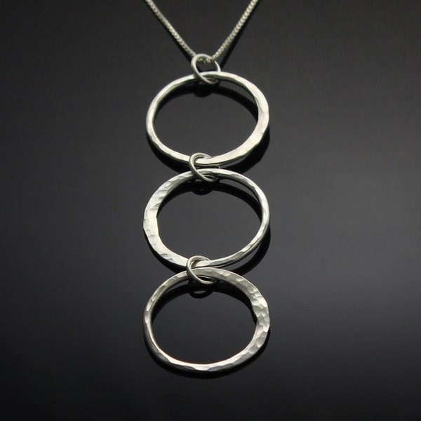 Silver Three Circles Necklace • Hammered Sterling Silver Open Circles Pendant