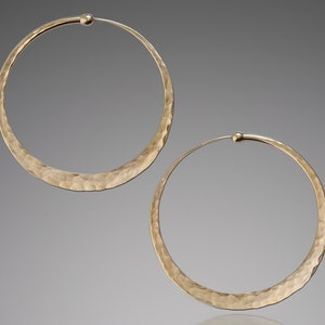 Medium 1.5 inch Solid 14k Gold Hoops • Big Gold Hoops •  Thick Gold Hoop Earrings • Eye-Catching Hammered Yellow Gold Hoops