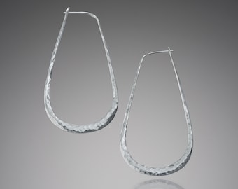 Silver Teardrop Hoop Earrings • Long Dangle Hammered Silver Hoops • Sterling Silver Oval Drop Hoops