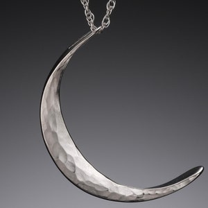 Large Silver Crescent Moon Necklace • Waning Lunar Phase Necklace • Hammered Sterling Silver Moon Sliver