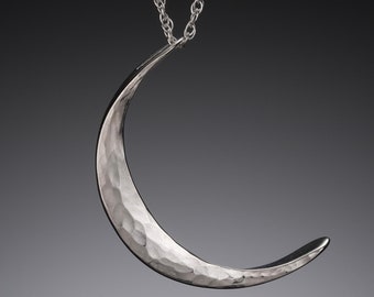 Large Silver Crescent Moon Necklace • Waning Lunar Phase Necklace • Hammered Sterling Silver Moon Sliver