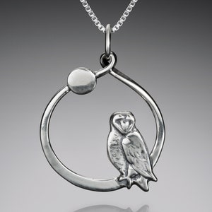 Sterling Silver Barn Owl and Moon Pendant • Handcrafted Bird Necklace • Wildlife Jewelry • Bird Watcher Gift • Night Sky Collection