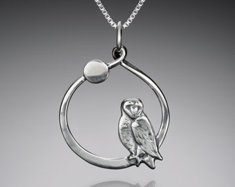 Silver Owl and Moon Necklace • Sterling Silver Barn Owl Pendant • Bird Watcher Gift