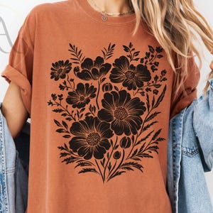 Comfort Colors® Vintage Linocut Flower Shirt, Block Print Flowers Tshirt, Woodcut Stamp Tee, Cottagecore Boho Botanical Shirt Cotton