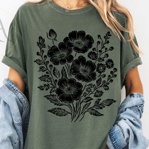 Comfort Colors® Vintage Linocut Flower Shirt, Block Print Flowers Tshirt, Woodcut Stamp Tee, Cottagecore Boho Botanical Shirt Cotton