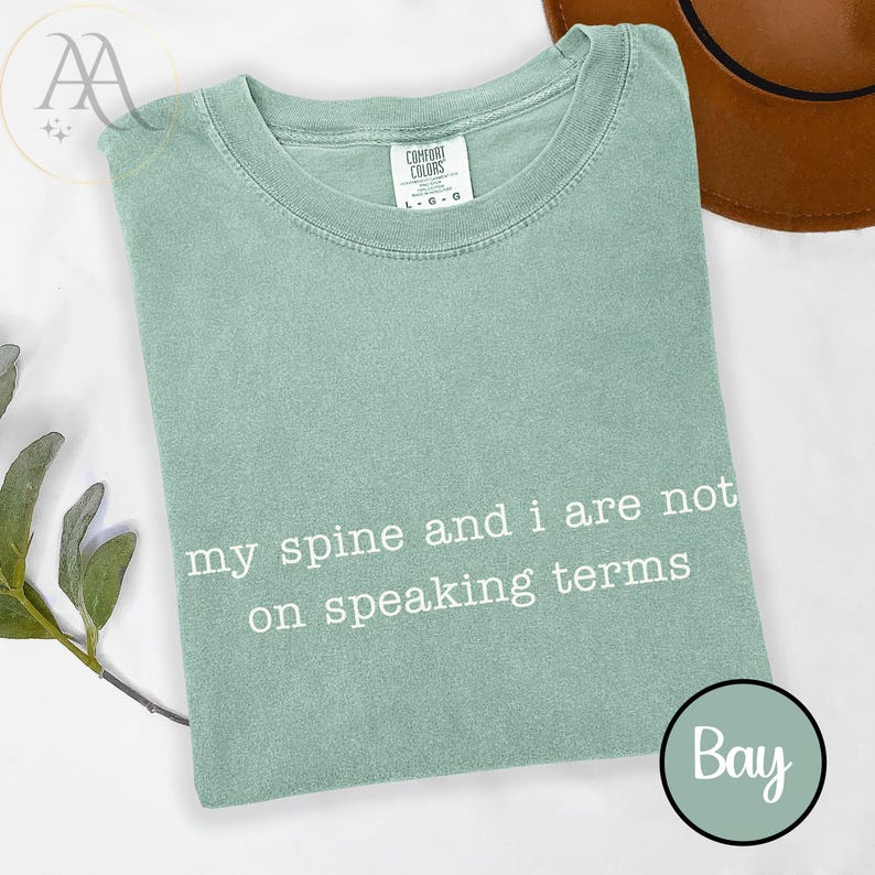 Pode incluir: Camiseta Comfort Colors verde claro com o texto branco "my spine and i are not on speaking terms". A camiseta &eacute; dobrada e tem decote redondo. Um chap&eacute;u marrom &eacute; vis&iacute;vel no fundo.