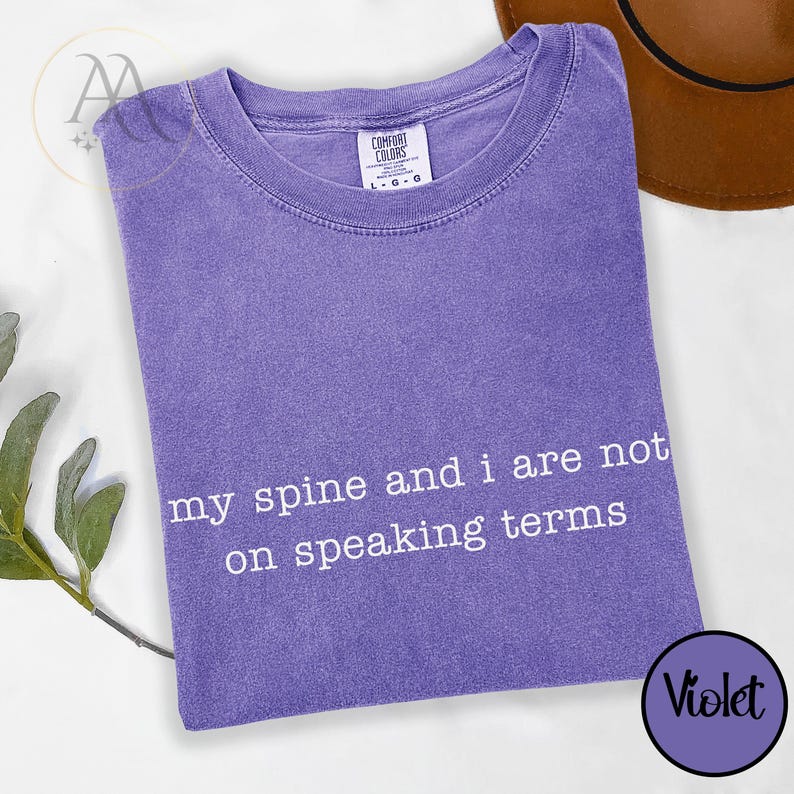Pode incluir: Uma camiseta violeta com o texto branco "my spine and i are not on speaking terms". A camiseta tem gola redonda e est&aacute; dobrada. Um chap&eacute;u castanho &eacute; parcialmente vis&iacute;vel no fundo.