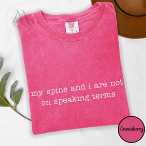 Pode incluir: Uma t-shirt rosa brilhante com o texto branco "my spine and i are not on speaking terms". A t-shirt tem gola redonda e uma etiqueta Comfort Colors. Um chap&eacute;u castanho &eacute; parcialmente vis&iacute;vel no fundo.