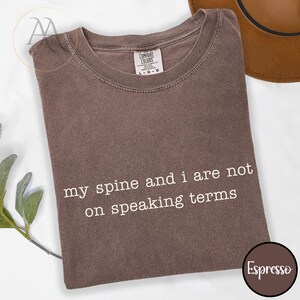 Pode incluir: Camiseta cor de caf&eacute; com o texto branco "my spine and i are not on speaking terms". A camisa tem gola redonda e uma etiqueta Comfort Colors. Um chap&eacute;u marrom &eacute; parcialmente vis&iacute;vel.
