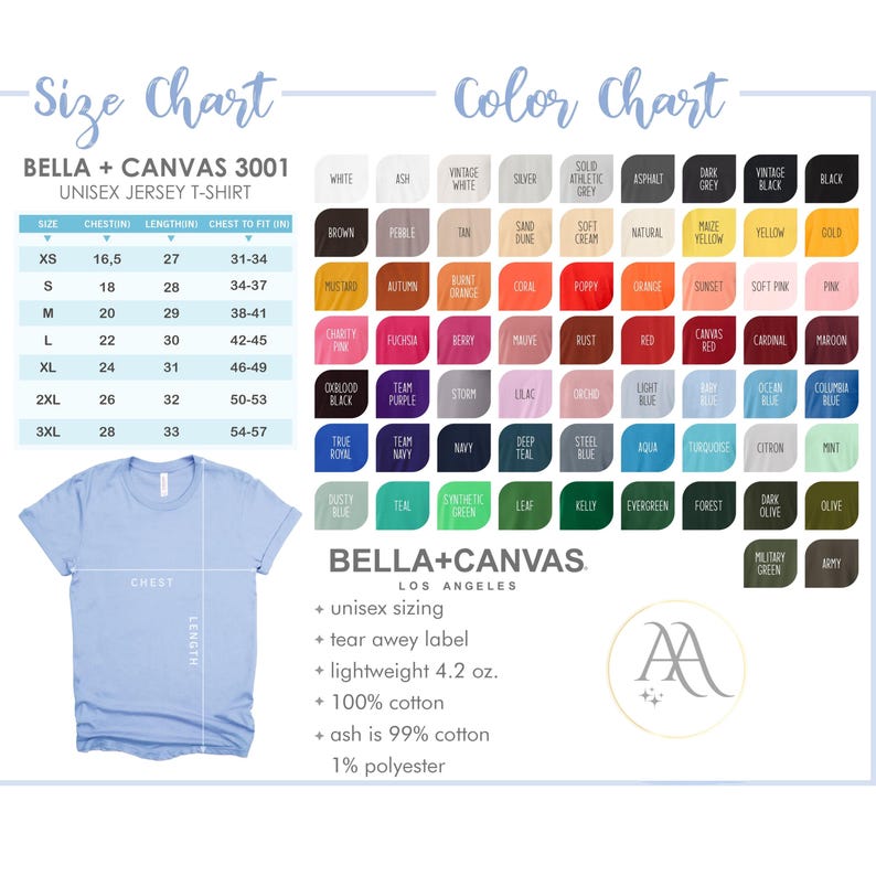 Pode incluir: Uma camiseta unissex Bella + Canvas azul claro com uma tabela de tamanhos e cores. A tabela inclui medidas de peito e comprimento, e uma ampla gama de cores, incluindo branco, preto e v&aacute;rias tonalidades de rosa, azul e verde.