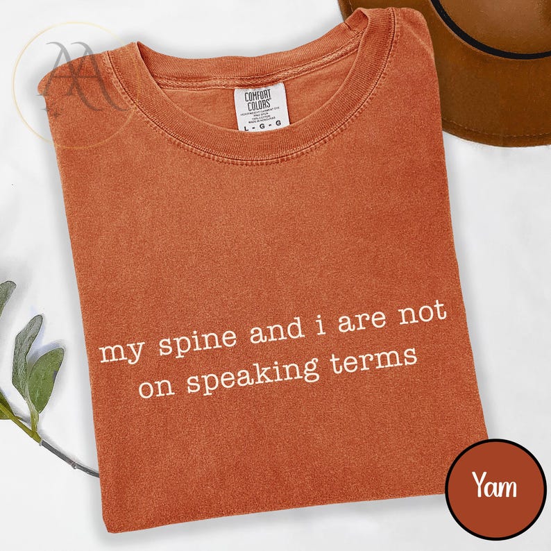 Pode incluir: Uma camiseta Comfort Colors laranja queimado com o texto "my spine and i are not on speaking terms" em branco. A camiseta tem gola redonda e mangas curtas. Um c&iacute;rculo marrom com a palavra "Yam" est&aacute; no canto inferior direito.