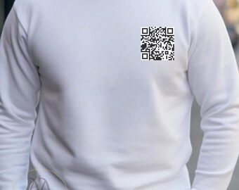 May include: White long-sleeve sweatshirt with a black and white QR code printed on the left chest.