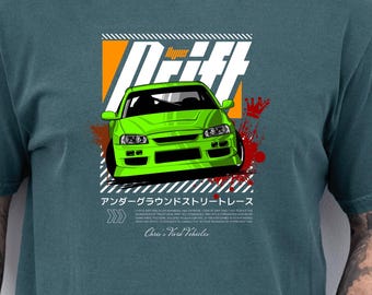 Koszulka JDM Drift Car Green Skyl1ne RE4 z białym tekstem | Koszulka z grafiką do japońskich wyścigów ulicznych