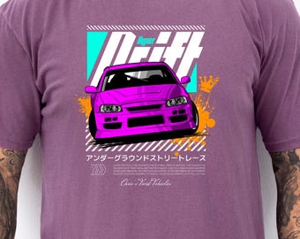 Koszulka JDM Drift Car Magenta Skyl1ne RE4 z białym tekstem | Koszulka z grafiką do japońskich wyścigów ulicznych