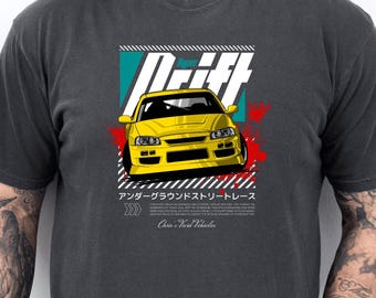 Koszulka JDM Drift Car w kolorze żółtym Skyl1ne RE4 z białym tekstem | Koszulka z grafiką do japońskich wyścigów ulicznych
