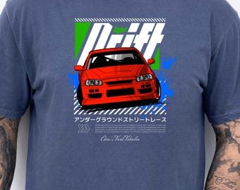 Koszulka JDM Drift Car w kolorze czerwonym Skyl1ne RE4 z białym tekstem | Koszulka z grafiką do japońskich wyścigów ulicznych
