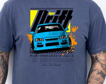 Koszulka JDM Drift Car Blue Skyl1ne RE4 | Koszulka z grafiką do japońskich wyścigów ulicznych
