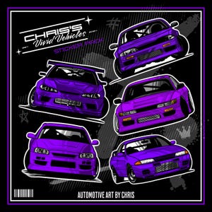 Op de afbeelding: Een stickerpakket met gestileerde paarse sportwagens op een zwarte achtergrond. De tekst "CHRIS'S Vivid Vehicles STICKER PACK" staat bovenaan, met "AUTOMOTIVE ART BY CHRIS" onderaan. De auto's worden vanuit verschillende hoeken getoond.