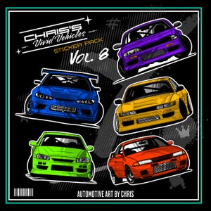 May include: A sticker pack featuring stylized illustrations of five different sports cars in vibrant colors: purple, yellow, blue, green, and red. The text "CHRIS'S Vivid Vehicles" and "STICKER PACK VOL. 8" is displayed. The phrase "AUTOMOTIVE ART BY CHRIS" is also present.