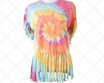 ReFashioned ReMade Pink & Yellow Tie Dyed T-Shirt - Fringed Summer Festival T-Shirt - Simply Southern Turtle Women's Size M - Free Shipping