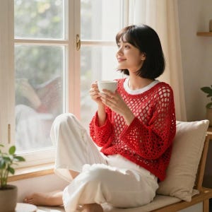 Può includere: Un maglione a maniche lunghe all'uncinetto rosso brillante con un motivo a rete aperto e largo, caratterizzato da uno scollo rotondo e una vestibilità rilassata, indossato sopra uno strato base bianco, abbinato a pantaloni bianchi ampi.