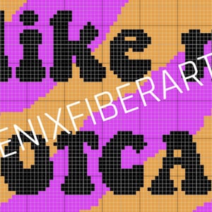 May include: Cross-stitch pattern with orange and purple stripes. The pattern reads "I like my suitcase" in black text.