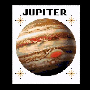 May include: A pixelated image of Jupiter, featuring a detailed depiction of the planet's swirling cloud bands in shades of brown, orange, and red. The word "JUPITER" is written above the planet, with starbursts on each side.