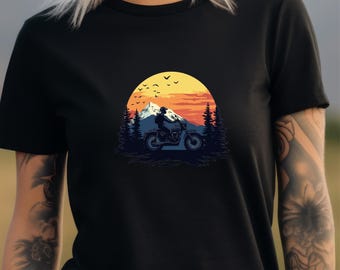 Grafisch motor-T-shirt Sunset Adventure, uniseks biker-T-shirt, zachte katoenen lichtgewicht pasvorm - perfect cadeau voor rijders en motorliefhebbers