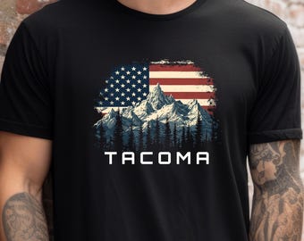Toyota Tacoma Mountain Shirt | American Flag Tacoma Tee | Gift for Tacoma Owner | Adventure Truck Graphic Tee | Overlander Gift for Him