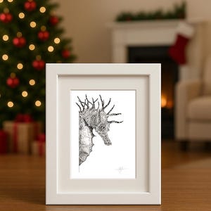 Portret van een zeepaardje | Hoogwaardige kunstprint | Gesigneerd | Fijne lijntekening | Museumkwaliteit | Zwart-witprint | A6