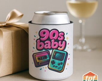 Retro "90s Baby" Can Cooler, Vintage Style 12oz Can Drink Sleeve Beverage Holder, Nostalgic Gift, SDRA-00008-WH
