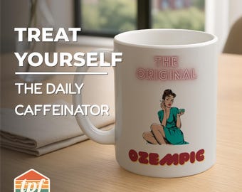 Retro "Ozempic" Coffee Mug, Ceramic Mug for Coffee and Tea Lovers, Vintage Pop Art Pardoy Style Design, Unique Gift, MUG-SDRA-00038-WH