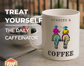 Retro Cowboys and Coffee Mug, Ceramic Mug for Coffee and Tea, Western Ranch Style Design, Unique Gift for him or her, MUG-SDRA-00036-WH