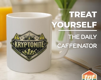 Tasse à café avec étiquette de danger « Kryptonite » inspirée de Superman, tasse à café rétro en céramique, tasse de bureau science-fiction, cadeau pour les fans de bandes dessinées, MUG-SDRA-00074-WH