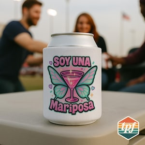 May include: White can cooler with a pink and teal butterfly design, a martini glass, and the text "SOY UNA MARIPOSA." The design includes hearts and stars. The cooler is designed to keep beverages cold.