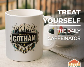 Tasse à café « Made in Gotham » inspirée de Batman, tasse en céramique comique, cadeau style super-héros rétro, accessoire de ventilateur, MUG-SDRA-00071-WH