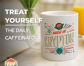 Tasse à café « Made in Krypton » inspirée de Superman, tasse à café rétro en céramique, tasse de bureau science-fiction, cadeau pour les fans de bandes dessinées, MUG-SDRA-00073-WH