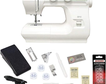 May include: A white Janome 2212 sewing machine with a foot pedal, needles, bobbins, and other accessories. The machine has a digital display and a variety of stitch options.