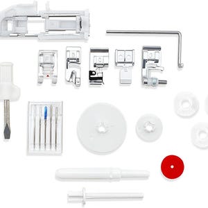 May include: A collection of sewing machine accessories, including various presser feet, bobbins, needles, and tools. The components are primarily white with silver metal accents and a red circular piece. The items are arranged on a white background.
